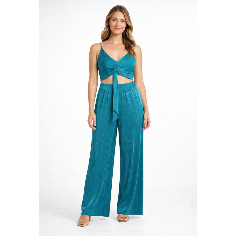 RO&DE Teal Pleated Wide Leg Pants and Crop Top Set Women Size M Blue Green